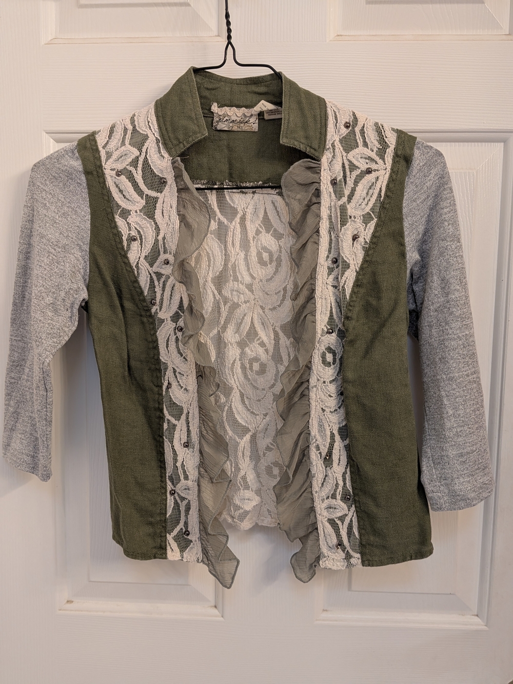 gimmicks by BKE olive green and gray lace-front mixed-media cardigan